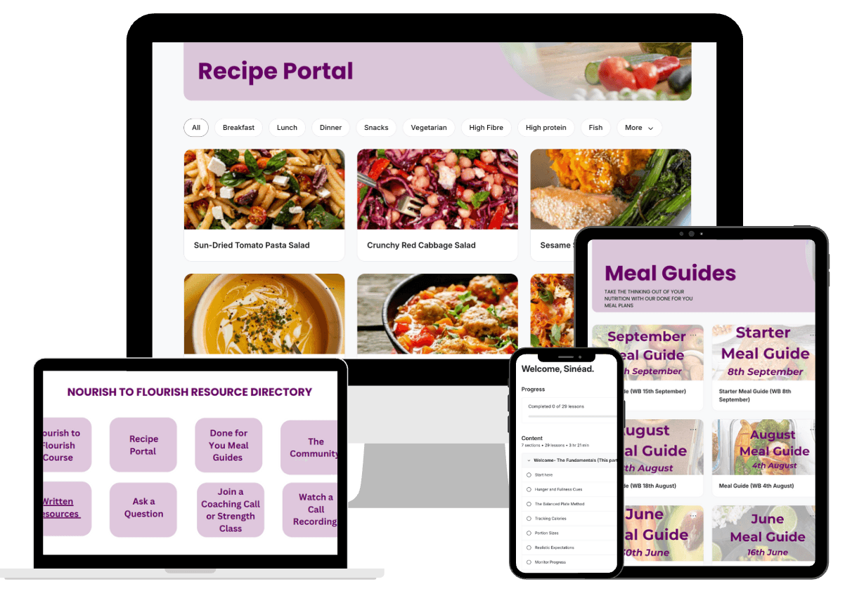 Nourish to Flourish platform — recipe portal, meal guides, resource directory, and member welcome screen across desktop, tablet, and mobile.